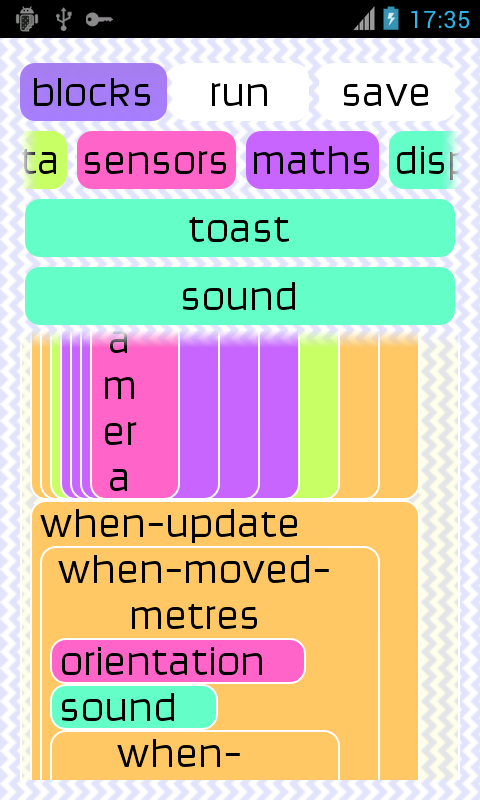 A block menu works much like Scratch, allowing you to pick new code blocks (this code is nonsense - just testing!)