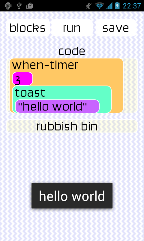 The "Hello World" program, displays every 3 seconds  (even when the app is running in the background)